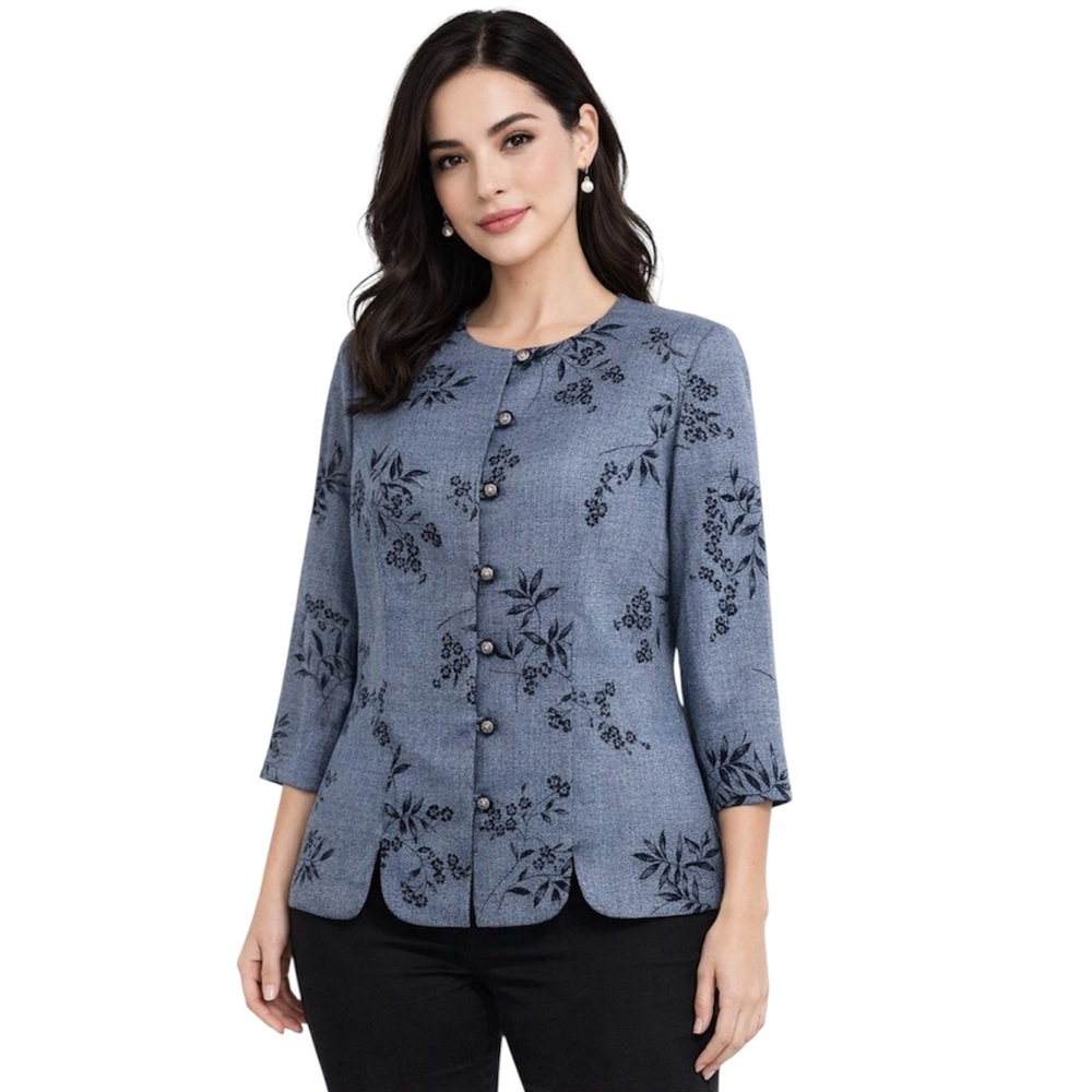 Miss Dorby Women Blue Floral Button-Down Blouse Size Medium Round Neck